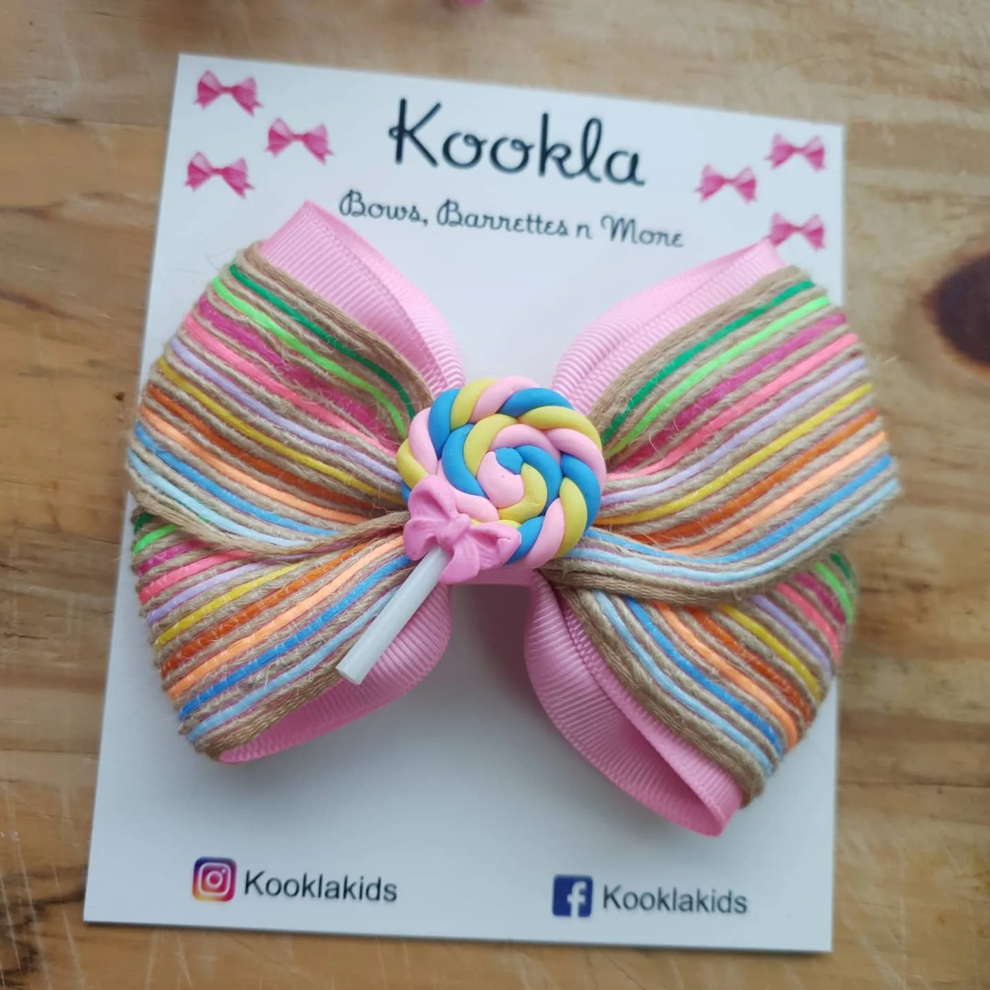Rainbow Stripe Layered Bow Lollipop Clip — Multicolour Stripe / Pink