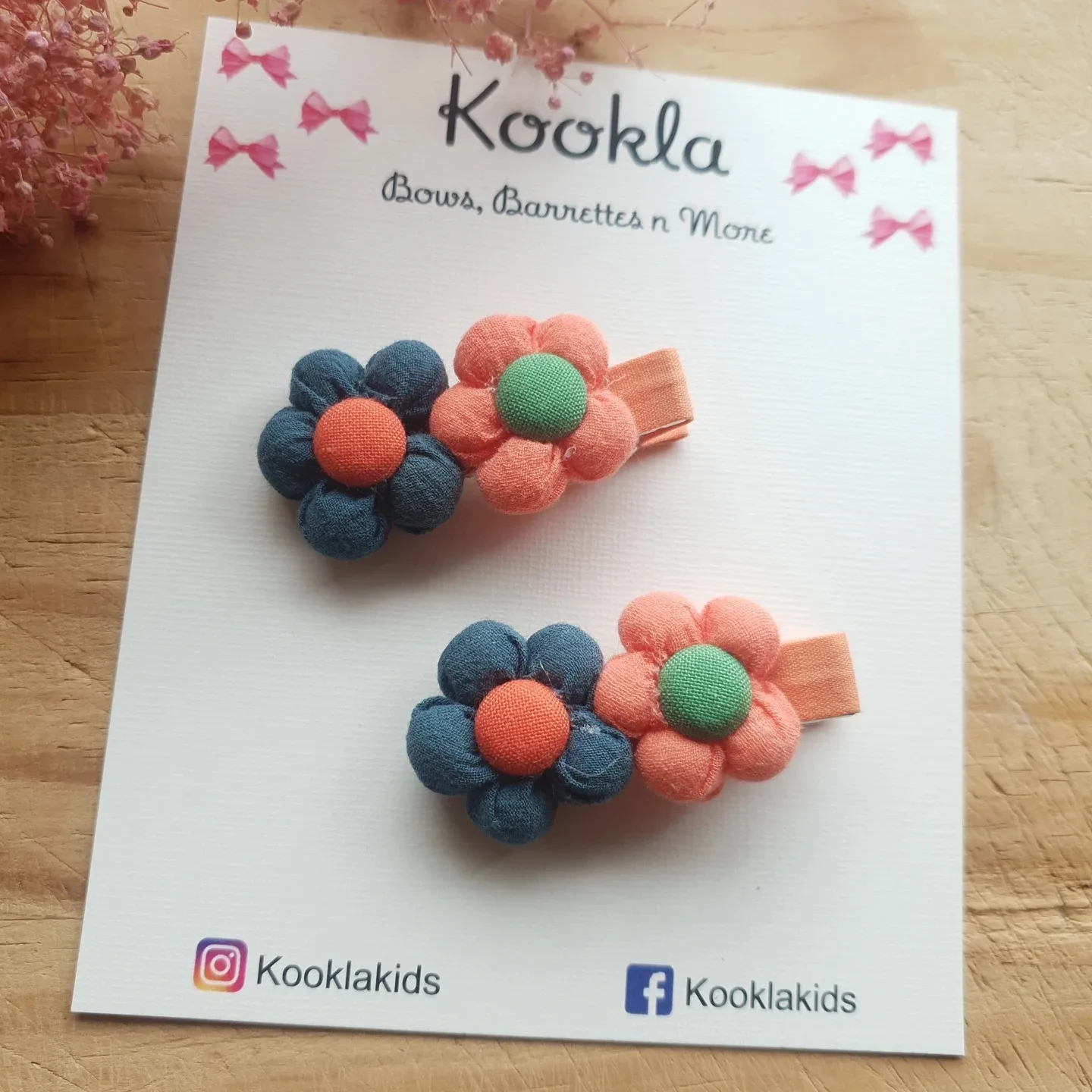 Puffy Double Flower Clip (Pair) — Navy / Coral