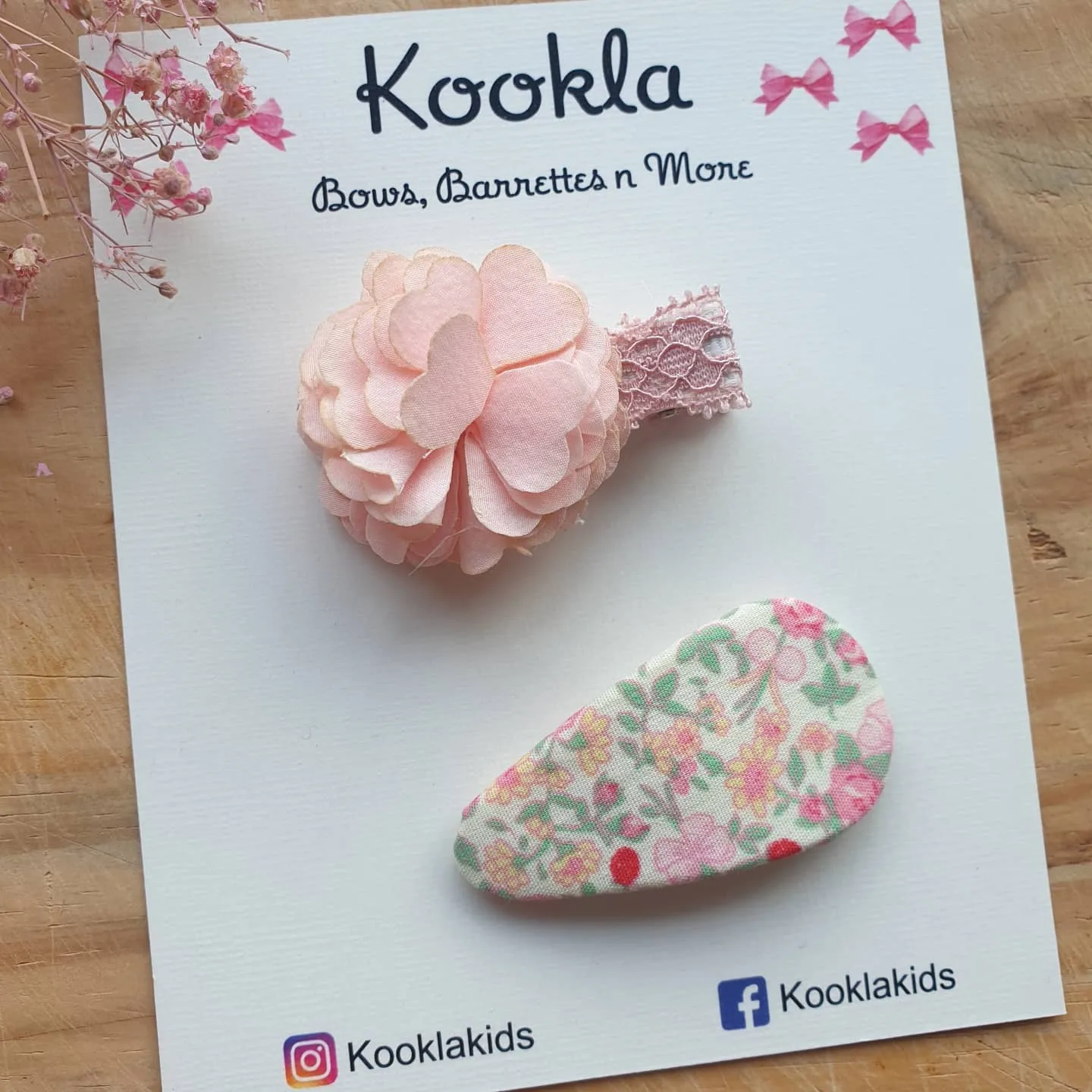 Chiffon Flower and Teardrop Snap Clips (Pair) — Peach / Pink Floral