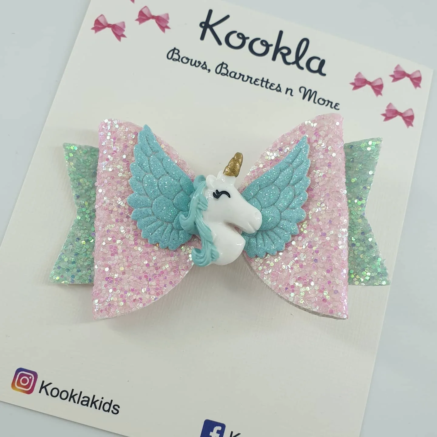 Glitter Winged Unicorn Bow Clip — Pink-Mint Glitter / Mint Wings
