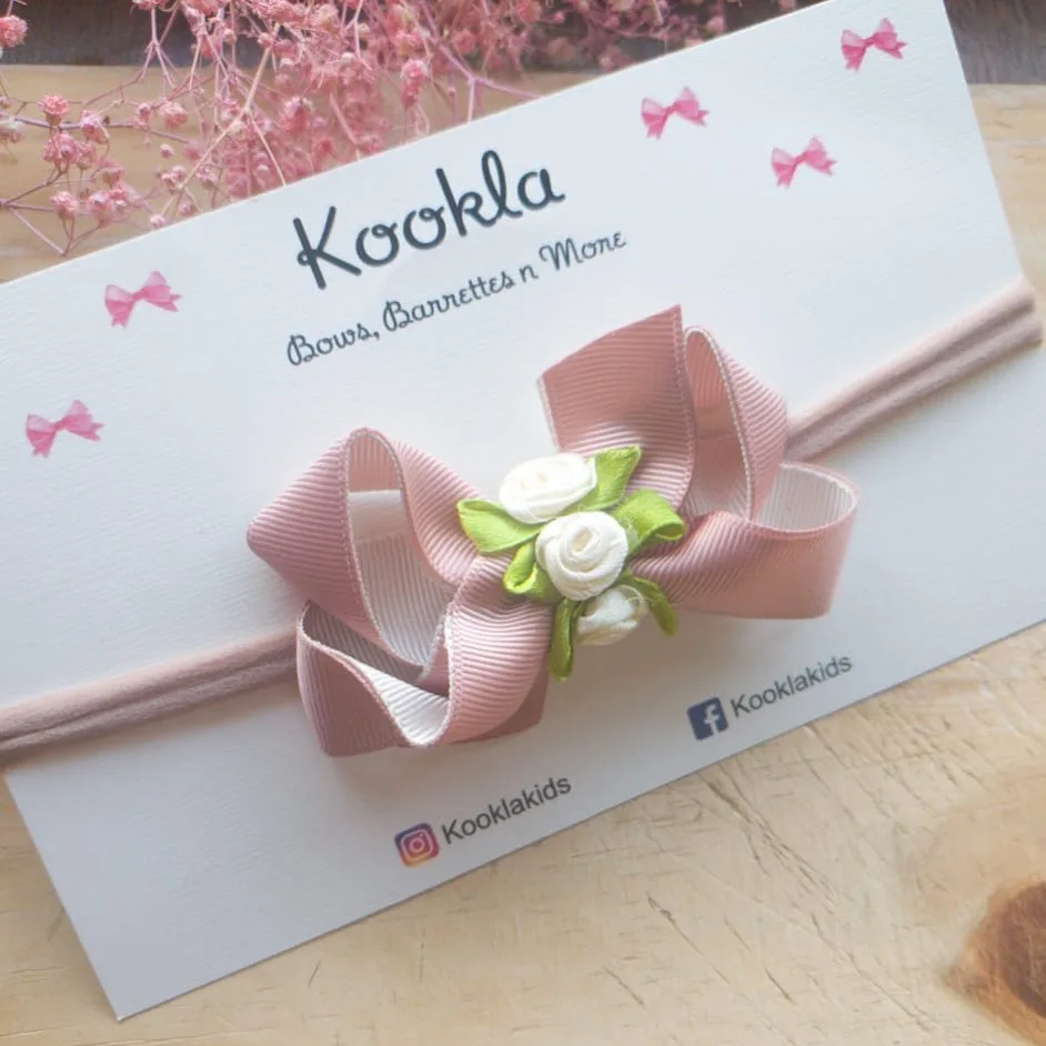 Grosgrain Boutique Bow Satin Rosebud Headband — Dusty Pink
