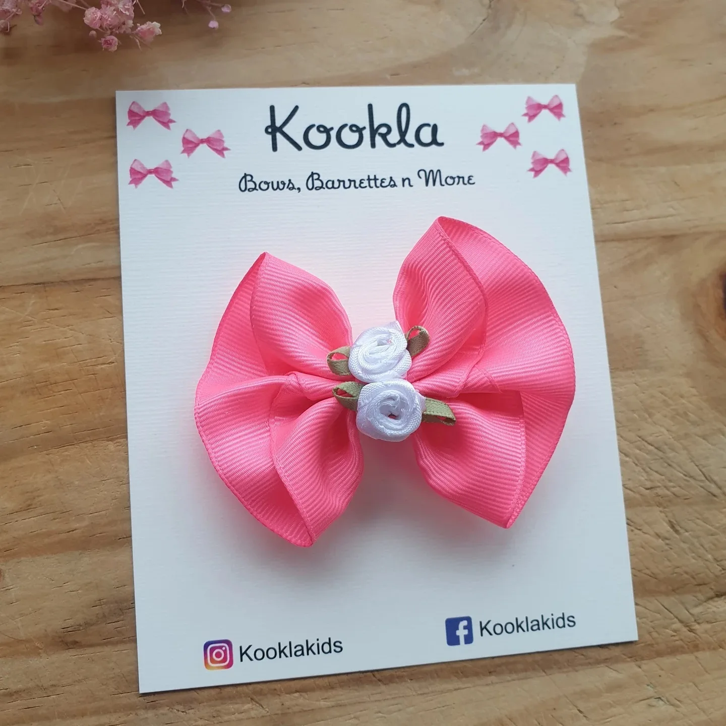 Grosgrain Bow Satin Rosette Cluster Clip — Hot Pink / White