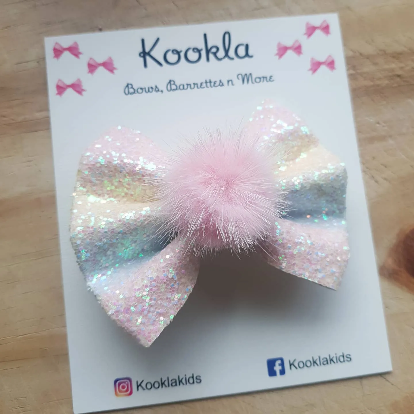 Iridescent Sequin Glitter Bow Faux Fur Clip — Iridescent White / Pink Pompom
