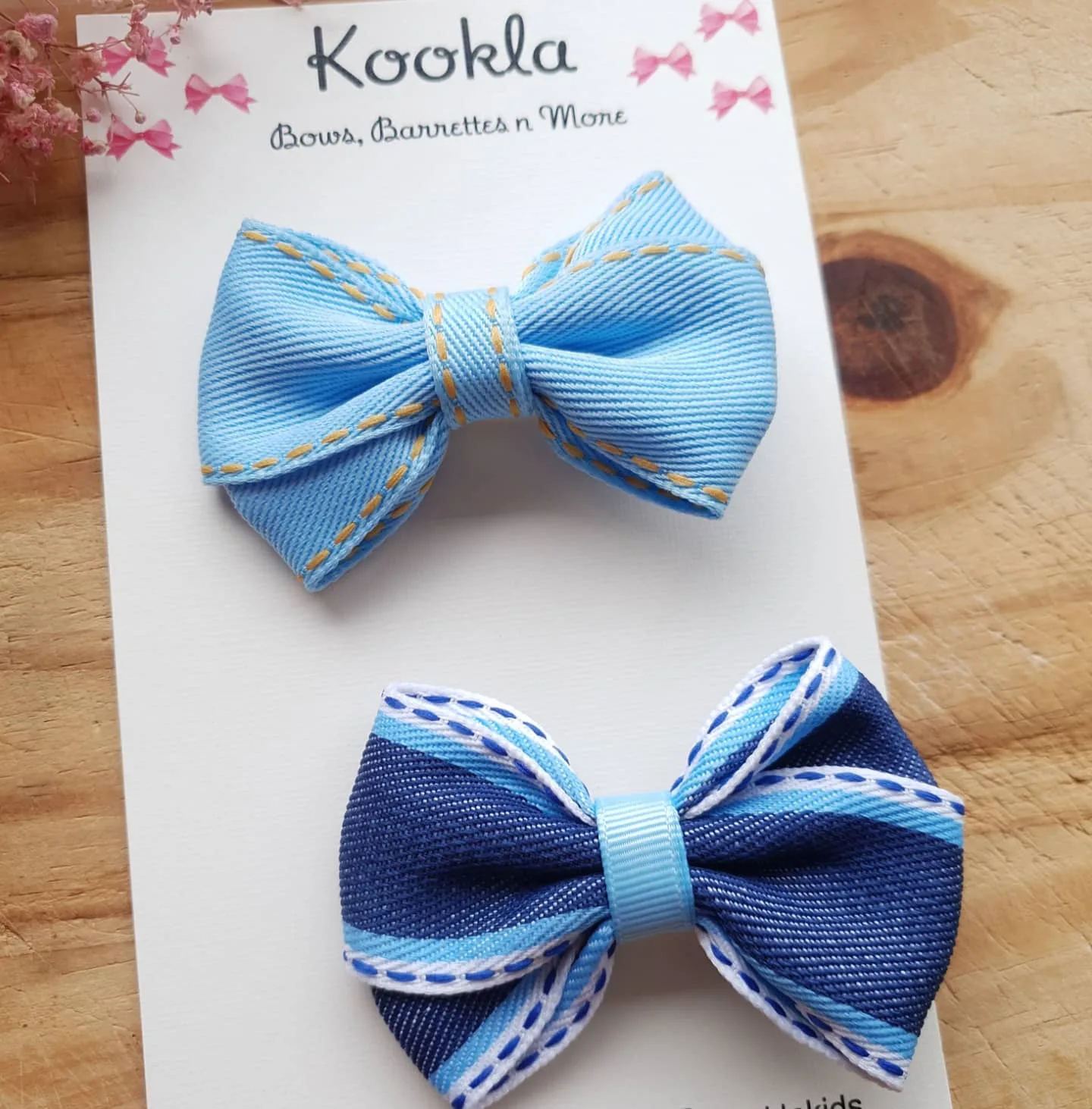 Denim Bow Contrast Top Stitching Clip (Pair) — Light Blue Denim / Dark Denim