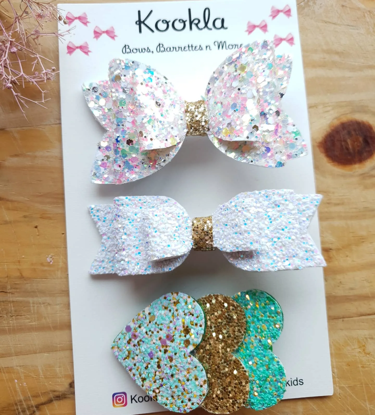 Infinity Glitter Bows (Set of 3) — White Multi / White / Aqua-Gold Heart