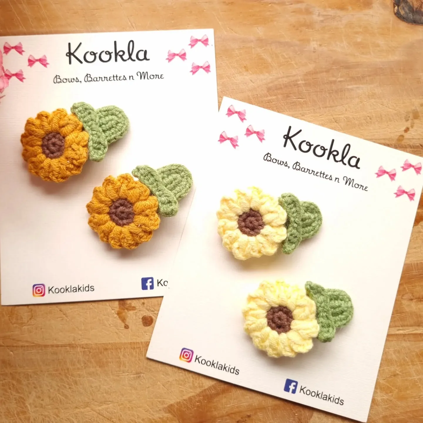 Crochet Sunflower Leaf Snap Clip (Pair) — Mustard-Brown / Pale Yellow