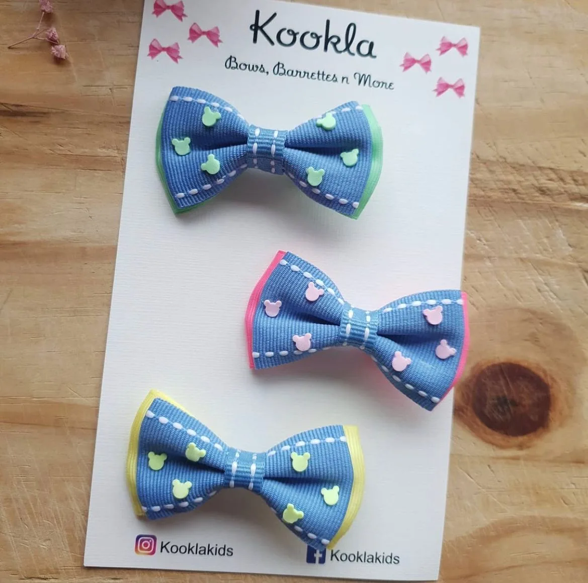 Stitched Grosgrain Mini Bow Mouse Clip (Set of 3) — Denim Blue / Pastel Edges