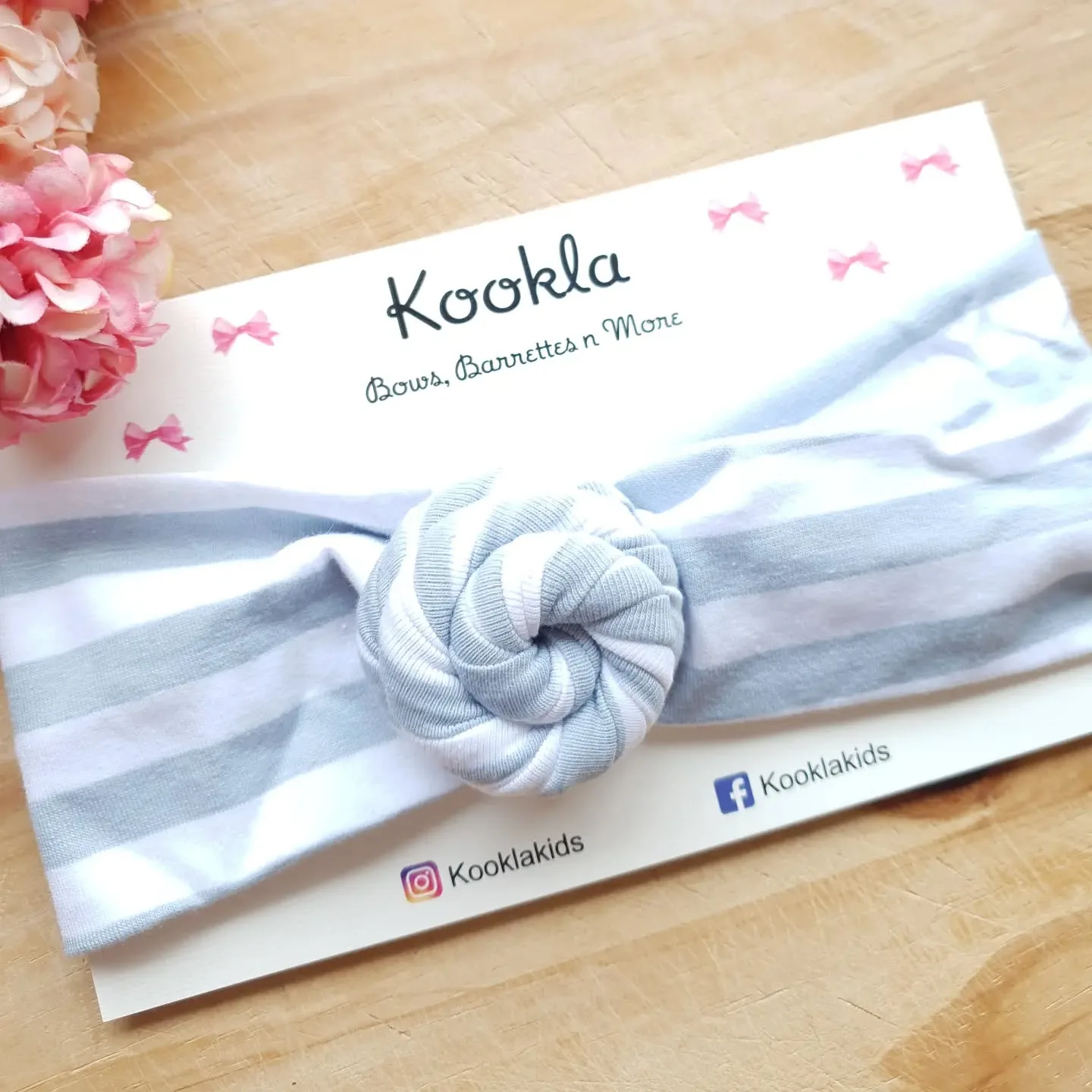 Jersey Rosette Turban Headband — Grey / White Stripe