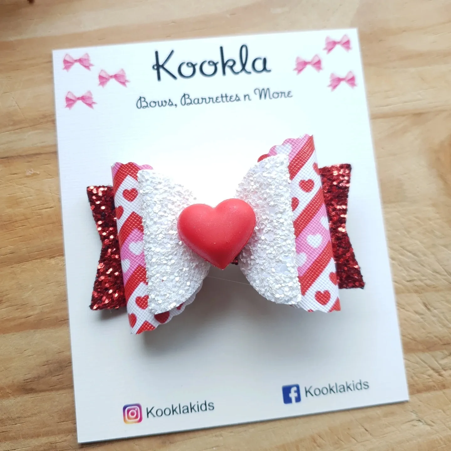 Glitter Layered Heart Print Bow Clip — Red / White / Pink Hearts